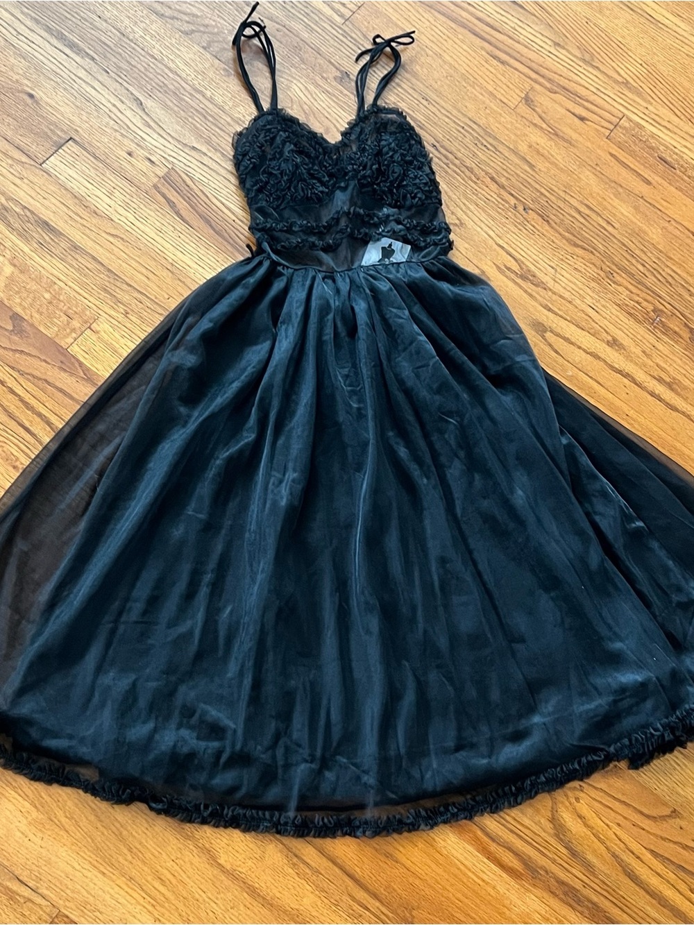Vintage Black Spaghetti-Strap Tulle Nightie
